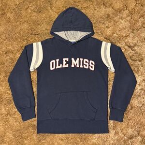 Vintage Champion Reverse Weave Ole Miss College Logo Hoodie Navy Blue Small